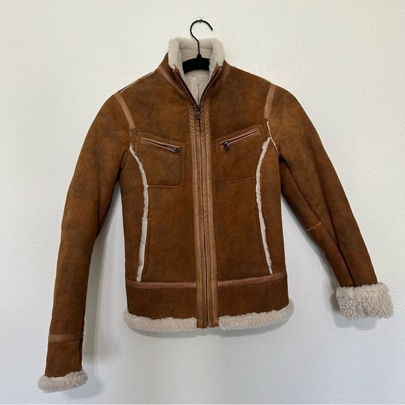 Comstock & co. Women’s hazelnut Leather Sherling Fur Moto Bomber Jacket size 0 - Picture 2 of 6